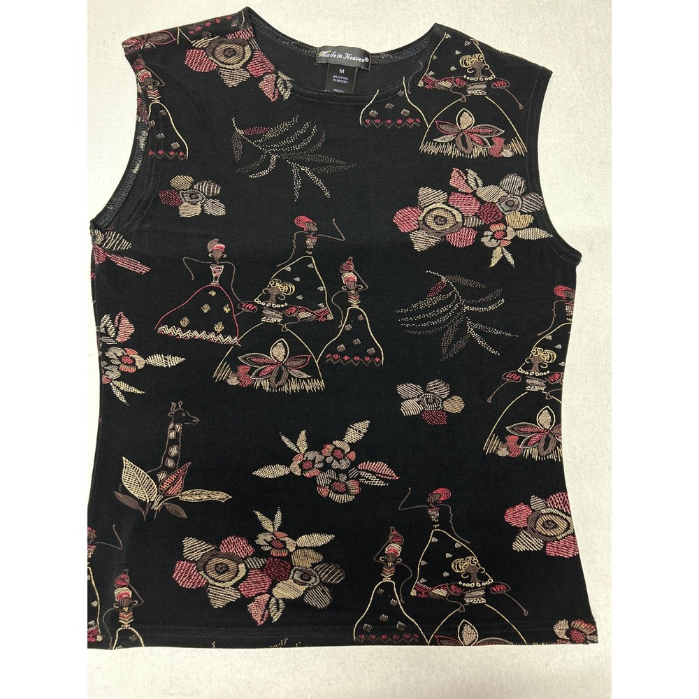 Made in Heaven Womens Black African Tribal Print Sleeveless Top 90s Y2K Medium
